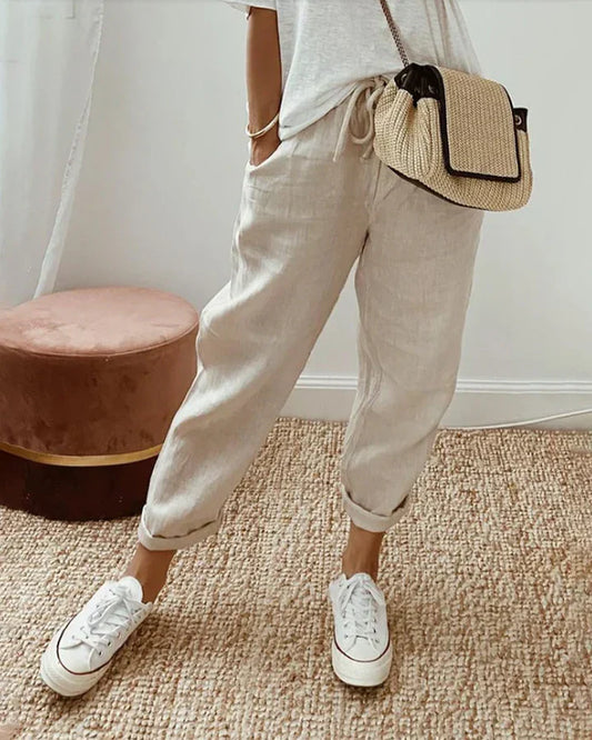 Pantalones Mujer Lino Holgados Elegantes-Melviana-